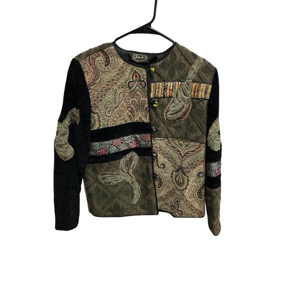 Julia Kim Womens Patchwork Quilted Jacket Bead Accents Button Closure Sz PP - Picture 1 of 9